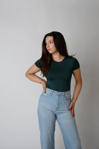 Round Neck Short-Sleeved Bodysuit - Hunter Green