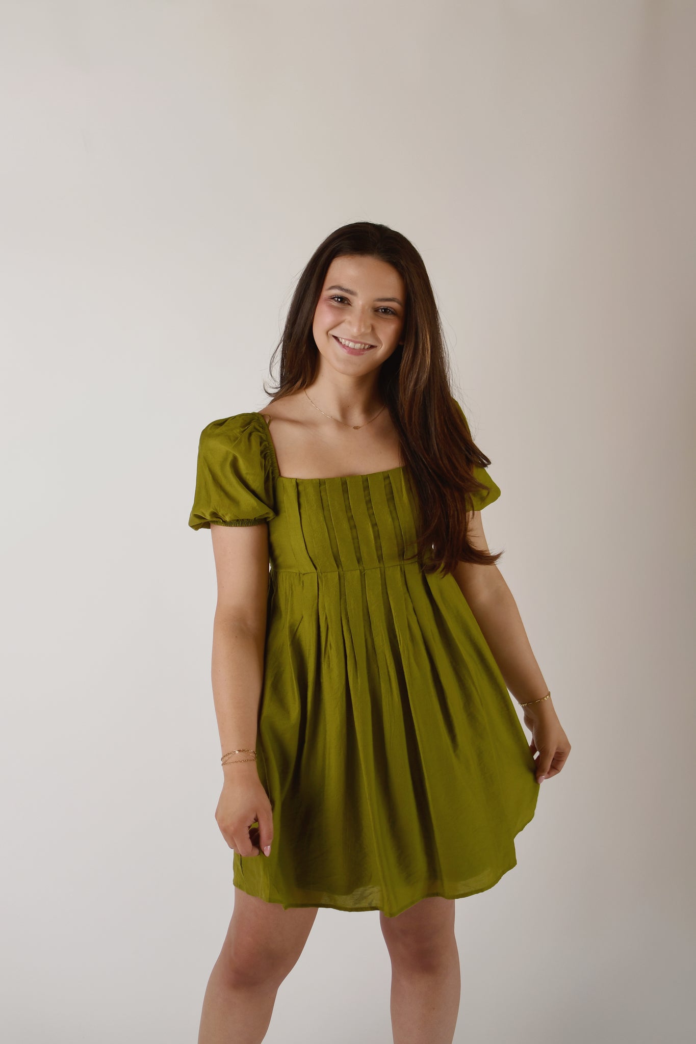 Kiwi Puff Sleeve Pleated Babydoll Dress