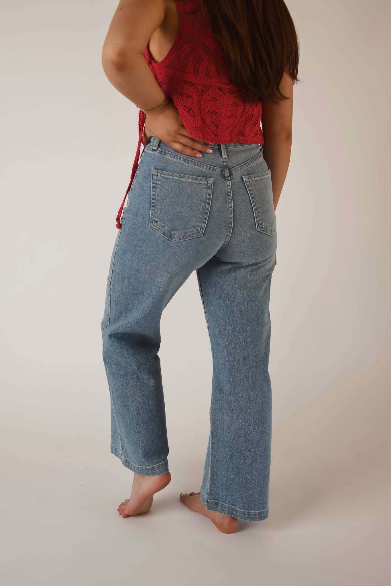 Patch Pocket Wide Leg Jeans - Light Denim